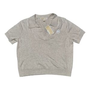 Michael Kors Knit Polo Shir signature logo V Neck Size L  Beige Large NWT $145